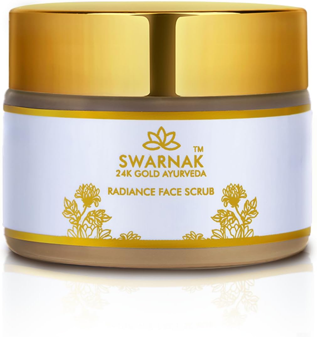 24K Gold Ayurvedic Face Scrub for Women & Men | With Walnut Shell Powder, Aloe Vera, Sandalwood Oil & Saffron Oil | Gentle Exfoliating Face Scrub for All Skin Types | Removes Dirt & Dead Skin Cells | 25g