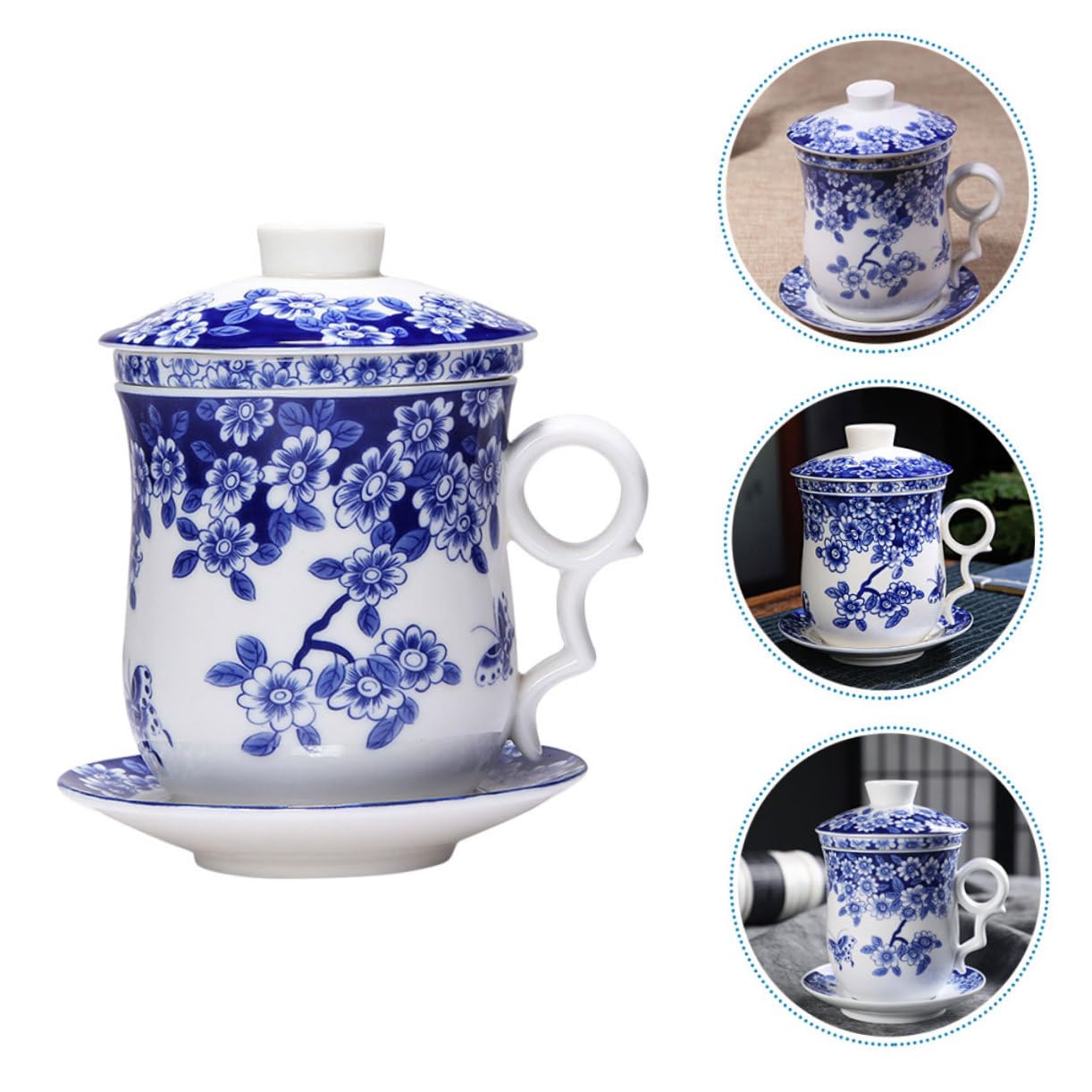 Teetassenset Blauer Traditionelles Chinesisches Keramik mit Sieb Untertasse aus Isolierend und Rutschfester Boden für Teeverkostung