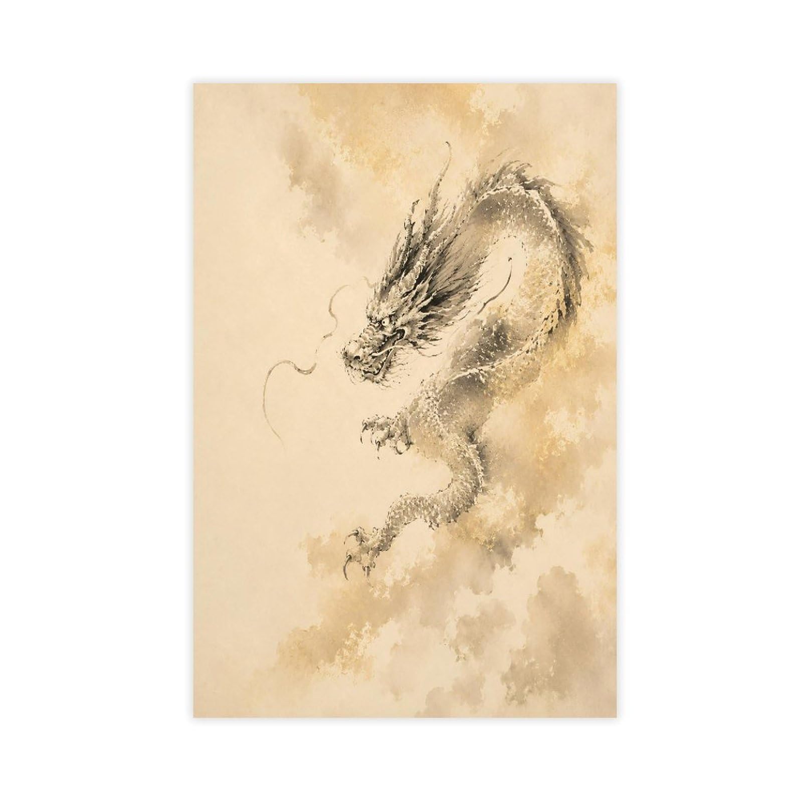 H3b8u2y5 Unframe-Style-14 Ink Dragon Cloud Canvas Wall Art, Gongbi Painting Sofa Area