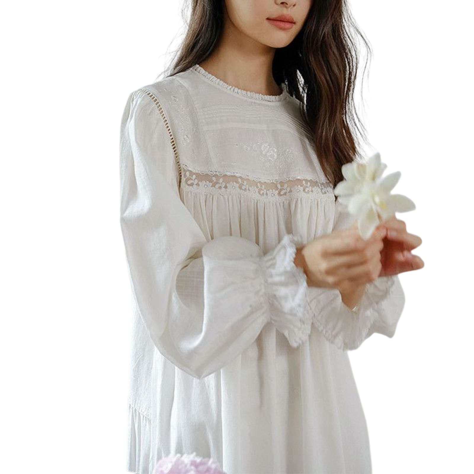 OFFSUM Camicia da Notte Donna - Dolce Ricamo Tinta Unita Camicia da Notte Primavera Estate Vintage Principessa Camicia da Notte Elegante Cotone Pigiameria Loungewear