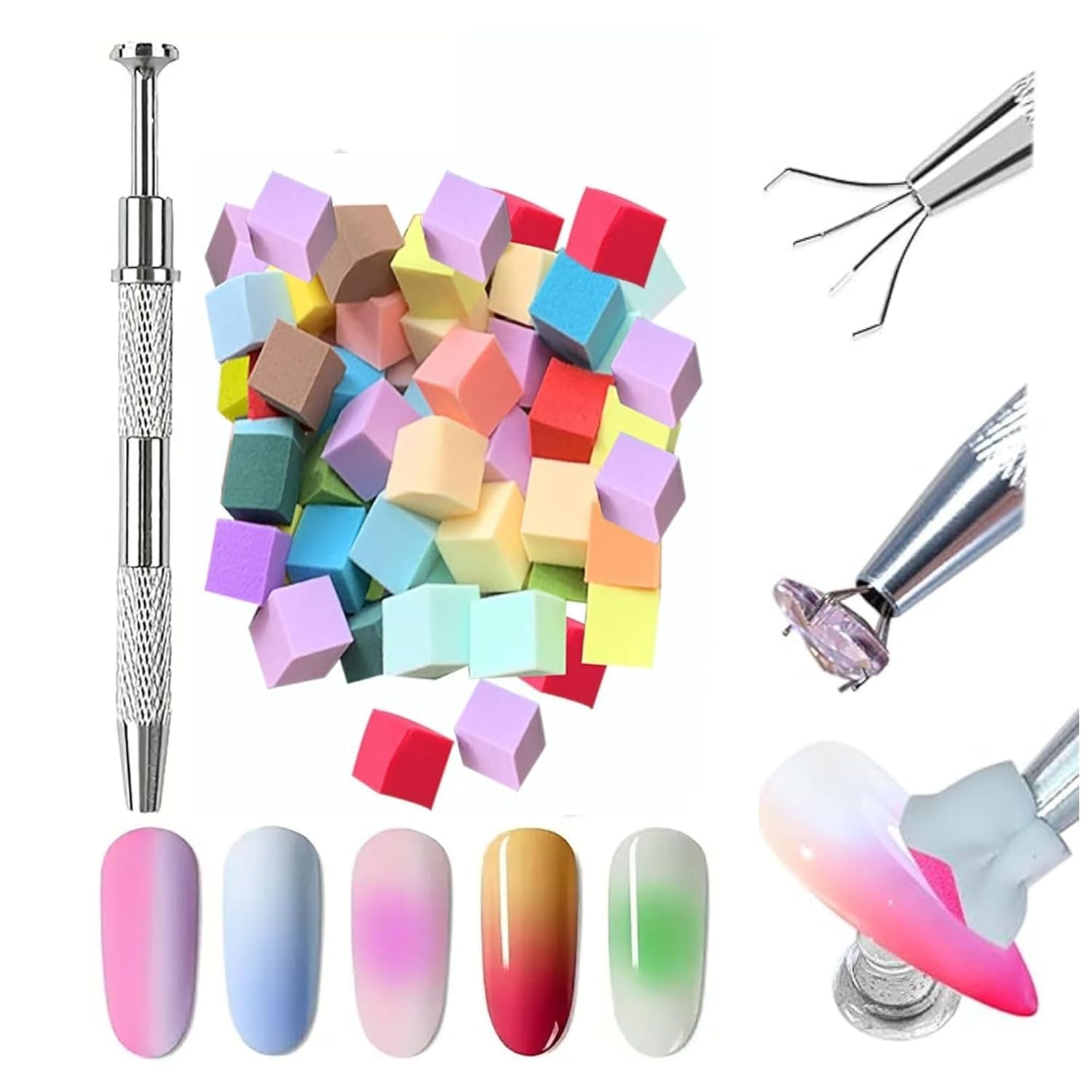 Bluedeal 100pcs Soft Nail Sponges for Ombre with Grabbing Pen, Multicolor Nail Art Sponges, Gel, Glossy Finish, DIY Design Accessories for Salon & Home Use.-image-35