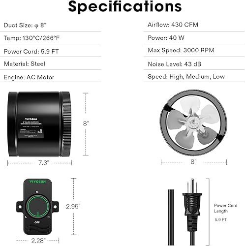 Miniatura 6 de VIVOSUN Ventilador de conducto de refuerzo en línea de 8 pulgadas, 430 CFM con controlador de velocidad, ventilador de ventilación de escape HVAC