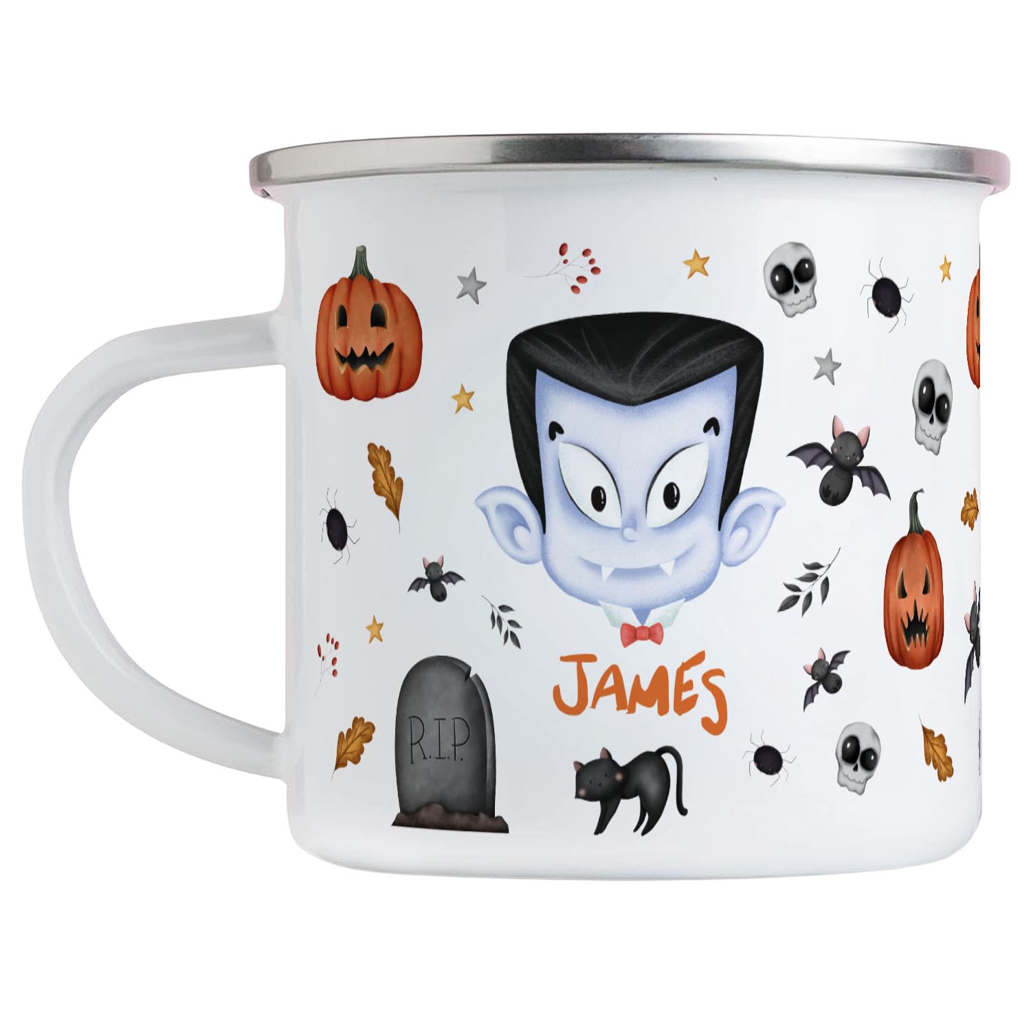 Pink Positive Personalised Halloween Gifts Enamel Mug for Kids - Halloween Decor Vampire and Zombie, Perfect for Trick or Treat - Customizable Halloween Mug with Name