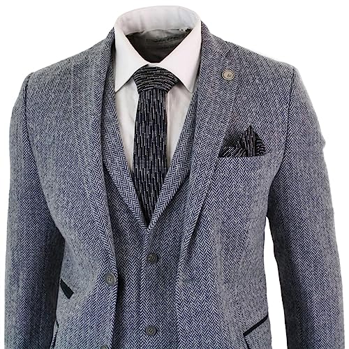 Mens Light Grey 3 Piece Tweed Suit Herringbone Wool Vintage Retro4