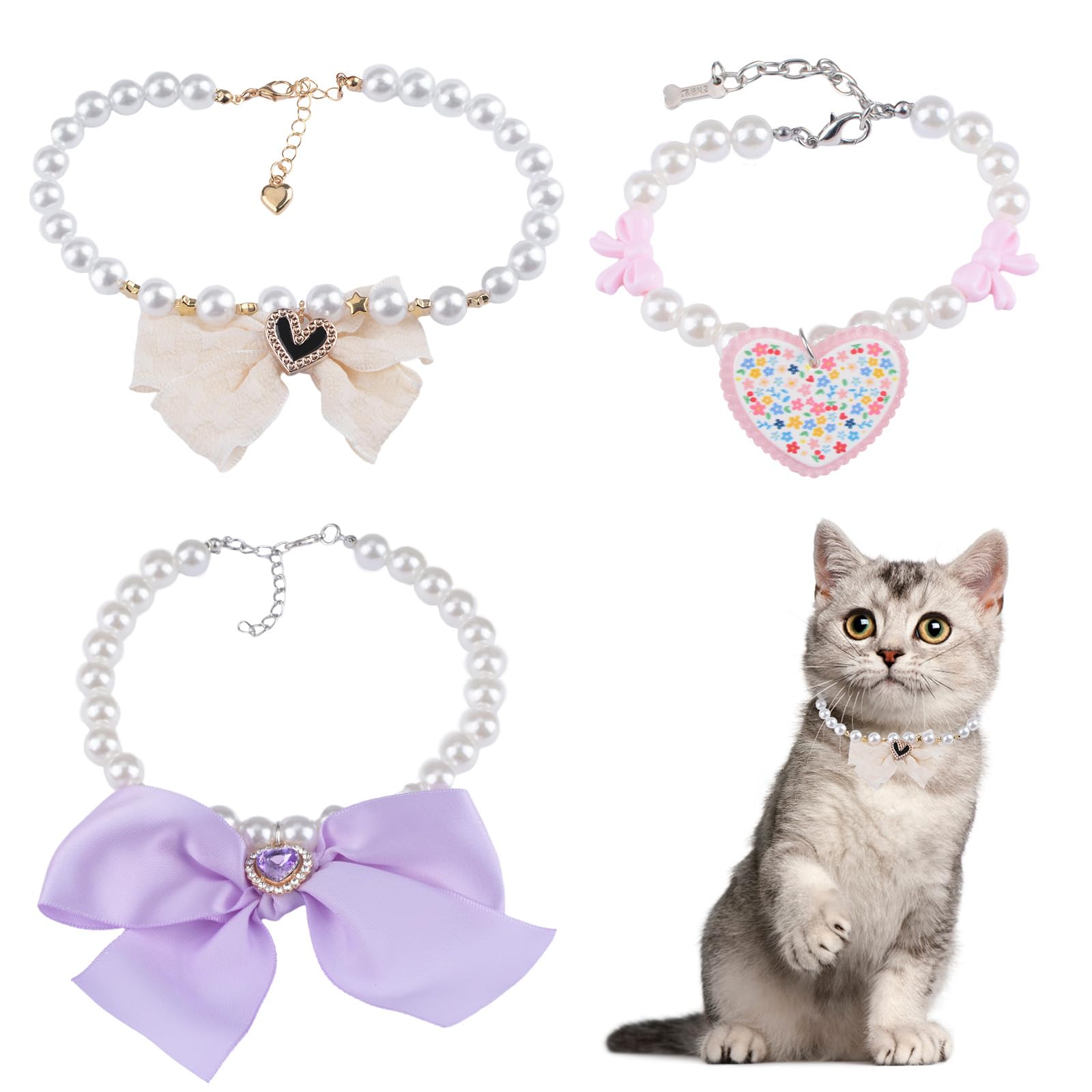 Collier de perles pour chien Lot de 3 bijoux réglables avec pendentif cœur