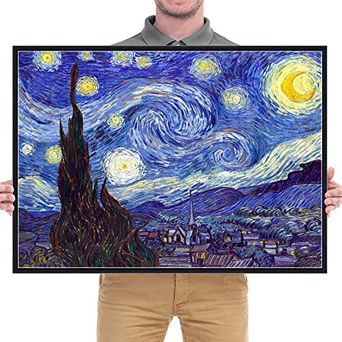 Wieco Art Framed Art Canvas Prints Of Starry Night By Vincent Van Gogh Paintings Reproduction Post-Impressionism Artwork Framed Wall Art For Living Room Home Decorations Black #TOP6