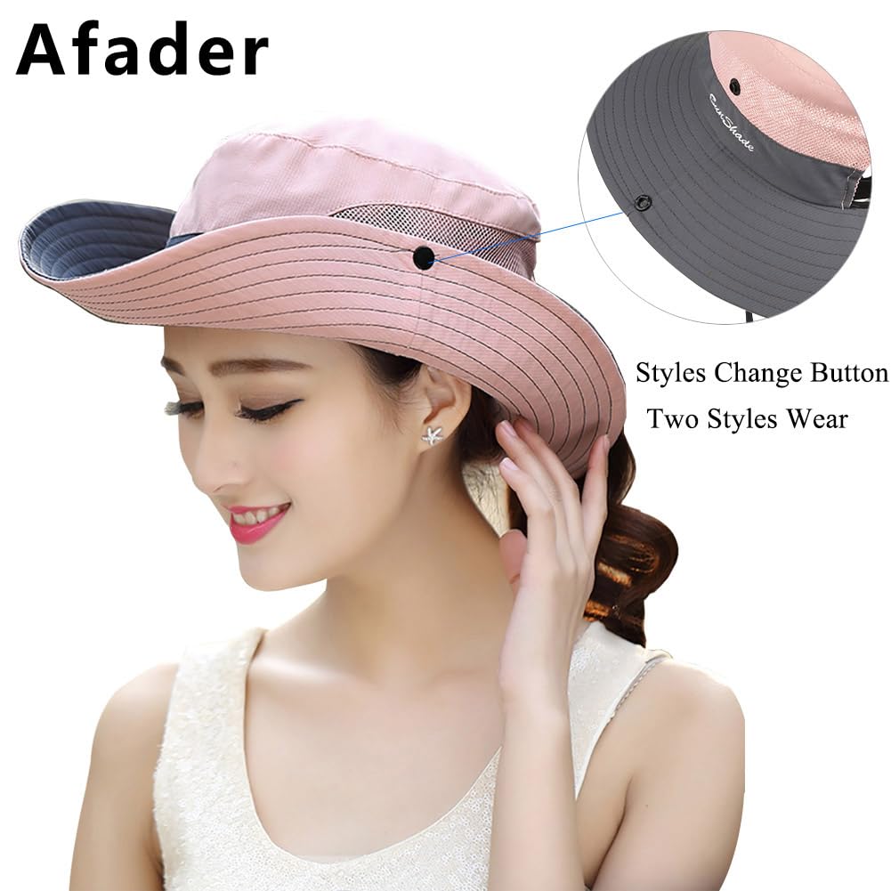 Sombrero de sol de senderismo para mujer, protección UV, para viajes, exteriores, plegable, con agujero para cola de caballo, Rosado 4