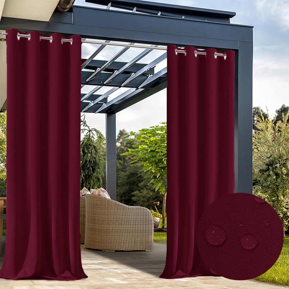 Hiseng Cortina de Exterior Impermeable, Cortina Porche con Trabillas, 1 Pieza Color Sólido Cortinas Opacas Interior Exterior para Pergolas de Jardin, Terraza, Balcones (Rojo Burdeos,132x274cm)