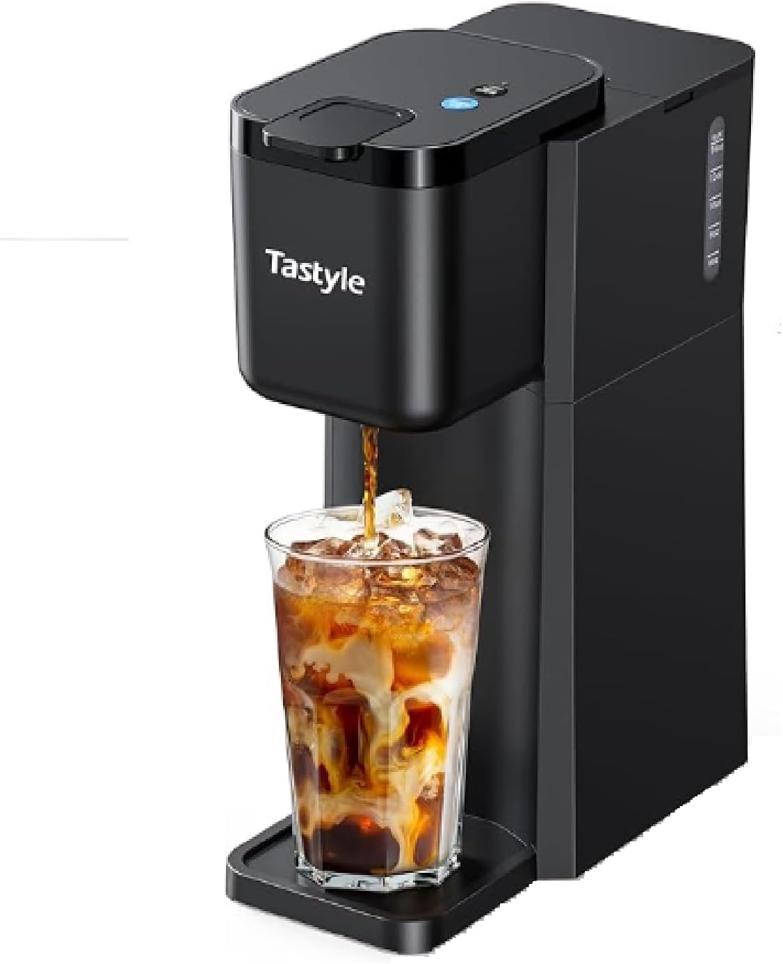 Tastyle Coffee Maker Model 310IC or 302 brewing iced coffee into a glass with ice and milk.