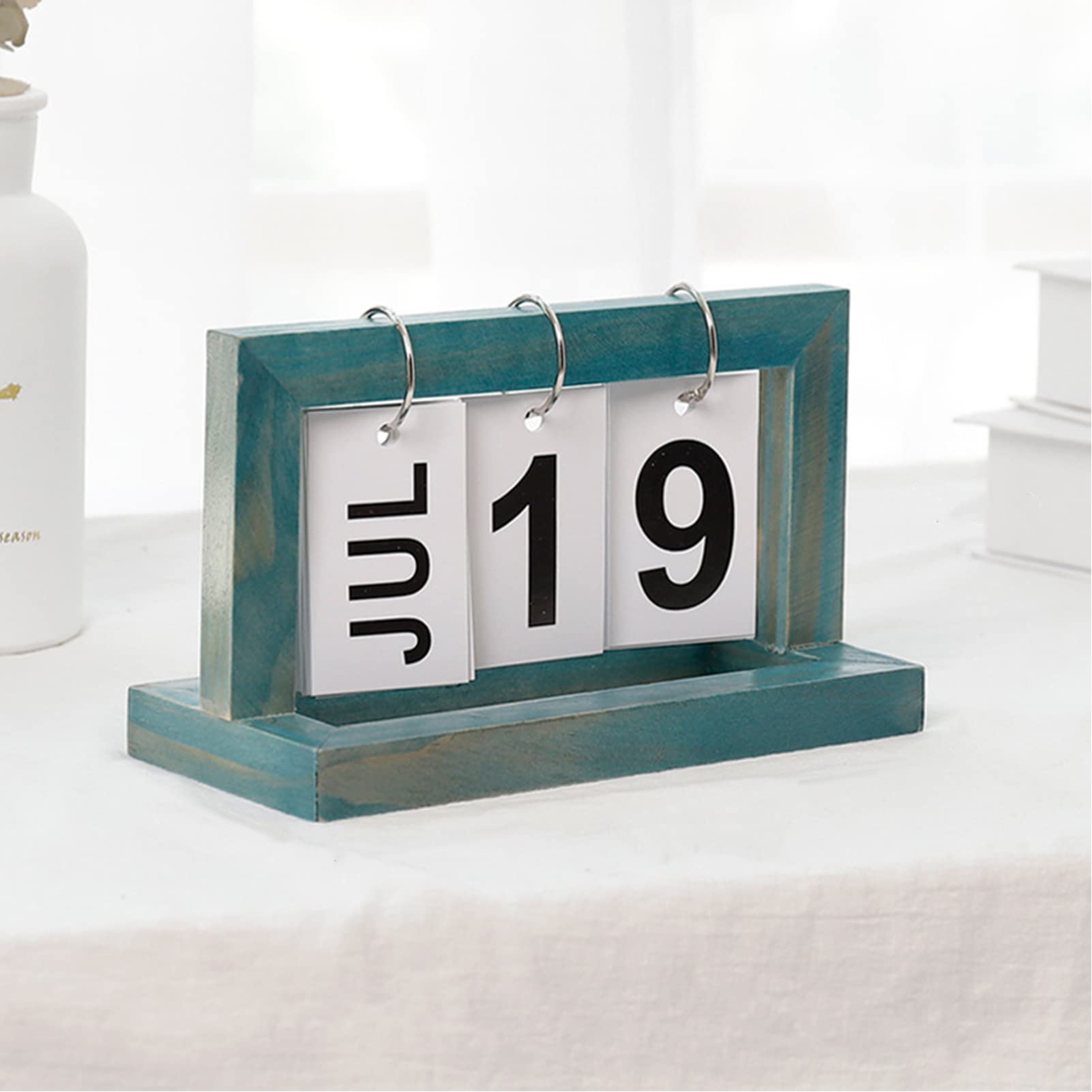 Jauhmui Perpetual Calendar Wooden Flip Endless Calendar for Office Desk 20 x 9 x 12 cm (Blue)