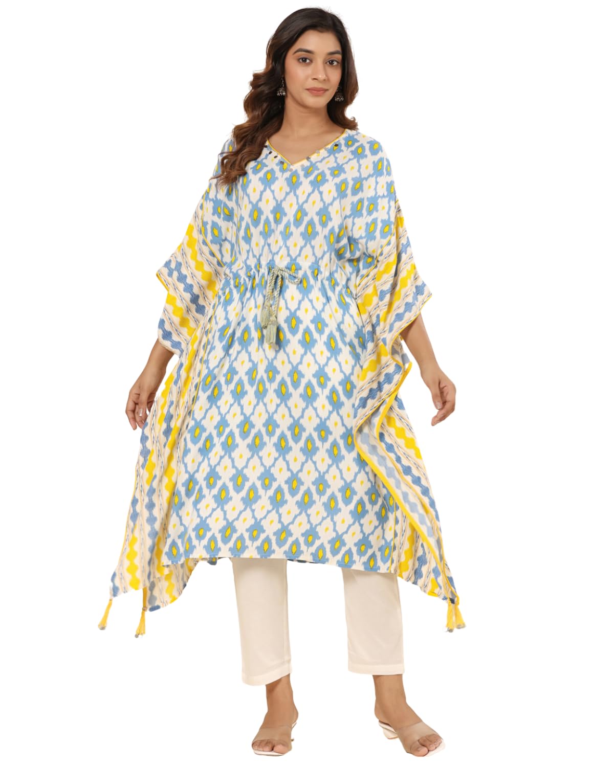 savi Women Rayon Printed Kaftan Kurti | Stylish V-Neck Loose Fit Kurta with Kimono Sleeves | Casual Ethnic Beach Wear Tunic | Blue & Yellow-picture-30