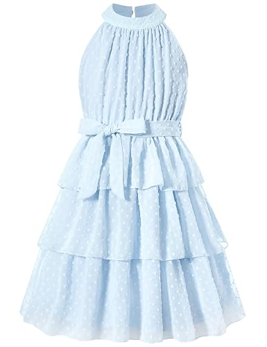 Move Dance Girls Summer Dress Blue Tween Halter Neck Flared Midi A-Line Sundress Swiss Dot Sleeveless Casual Layered Chiffon Dresses with Belt 12-13 Years Old