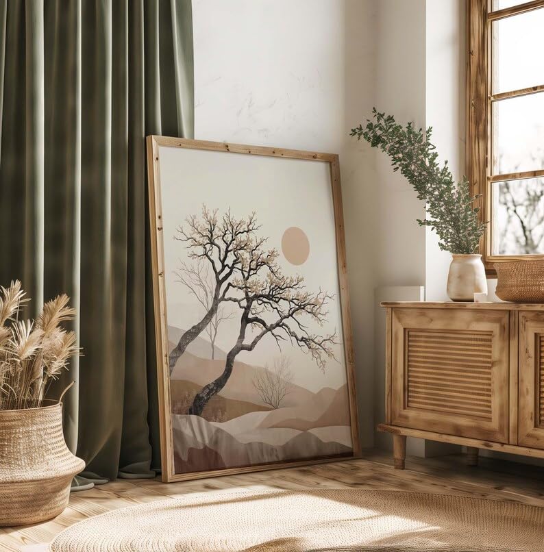 Affiche murale vintage arbre Japandi beige 30x40cm pour salon