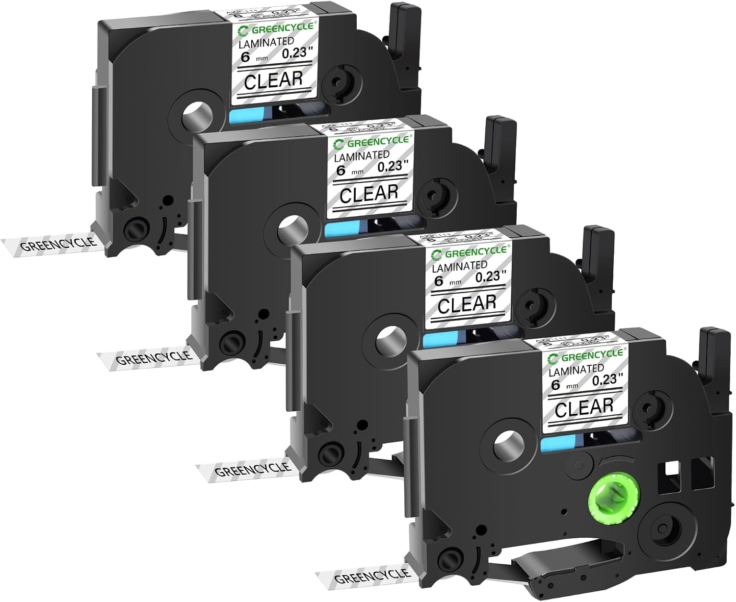 GREENCYCLE 4 Pack TZe-111 6mm Black on Clear Label Tape Compatible for Brother Ptouch TZe111 TZ-111 6mm 0.23 Laminated Clear Tape for Ptouch PT-D210 D220 H110 H100 D400 D600 Label Maker