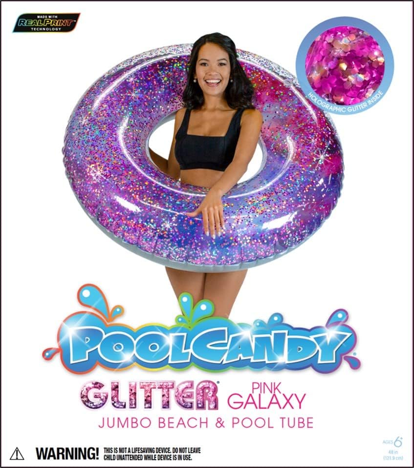 Miniatura 7 de Poolcandy Relájate con estilo con el flotador inflable de 48 pulgadas con purpurina para el espacio profundo, duradero, cómodo y fácil de inflar