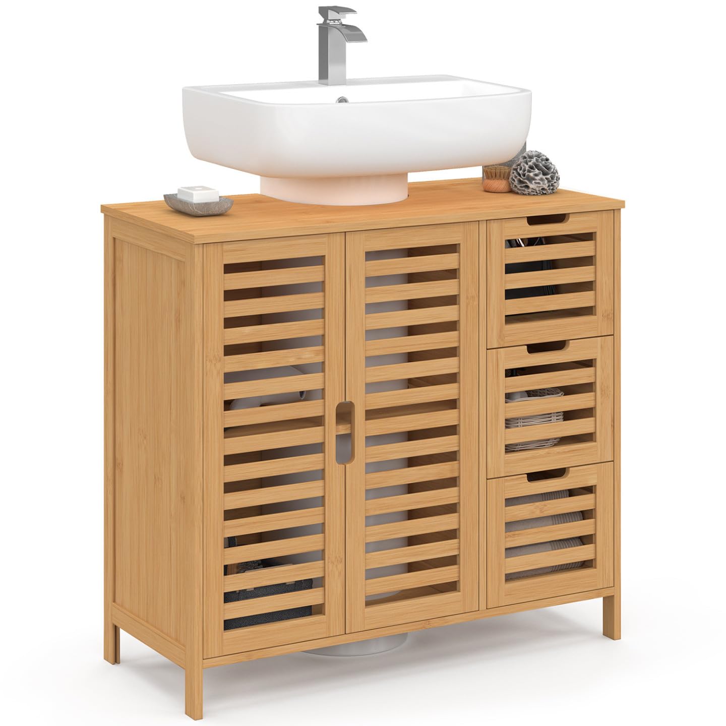 IDMarket - Meuble sous lavabo Salle de Bain Bambou BEA avec Placard et 3 tiroirs