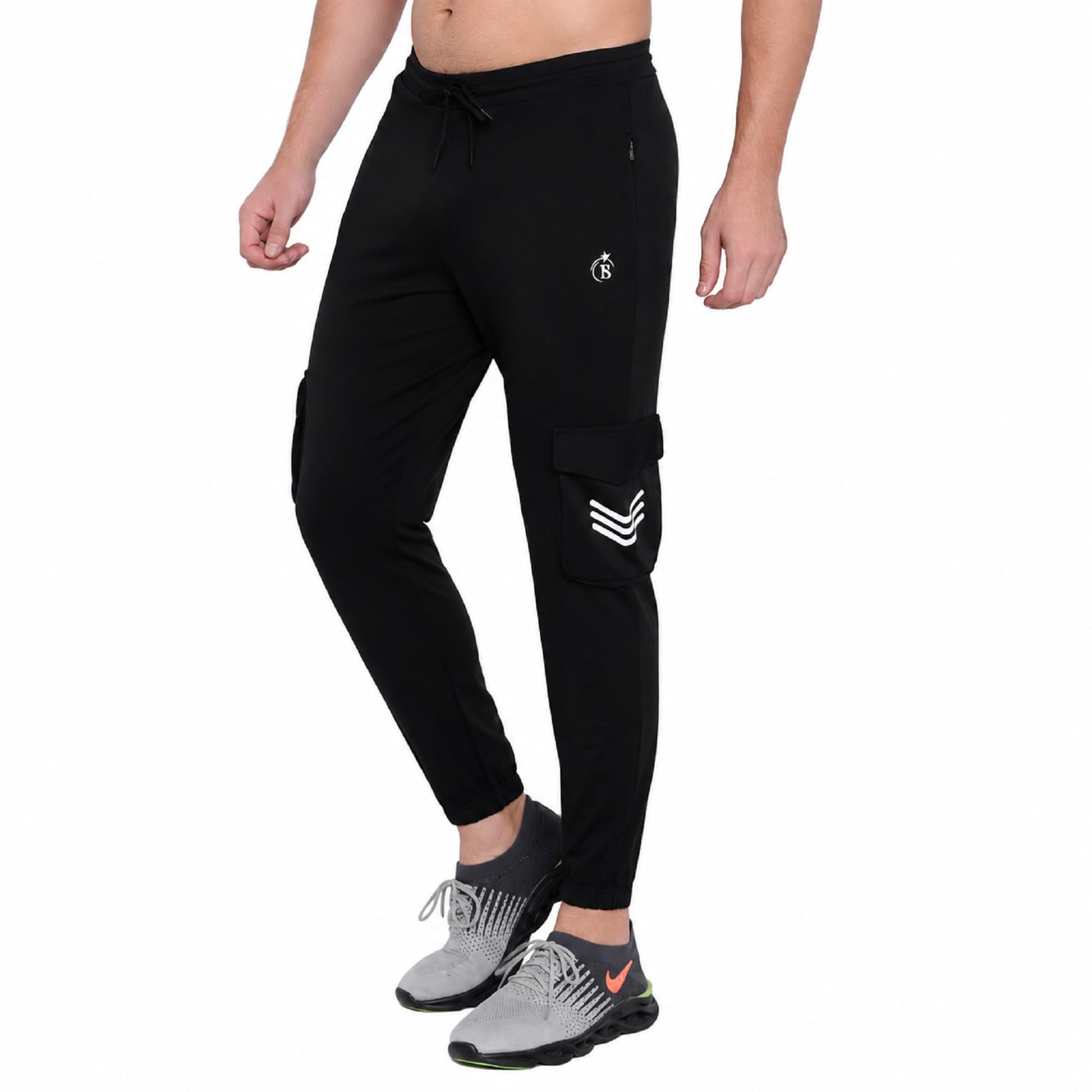 BLUE STAR SHARK Men's Premium Stretchable Cargo Joggers | Regular Fit, Stylish Track Pants with Pockets | Soft Smooth Feel, Logo on Front, Comfortable Everyday Wear