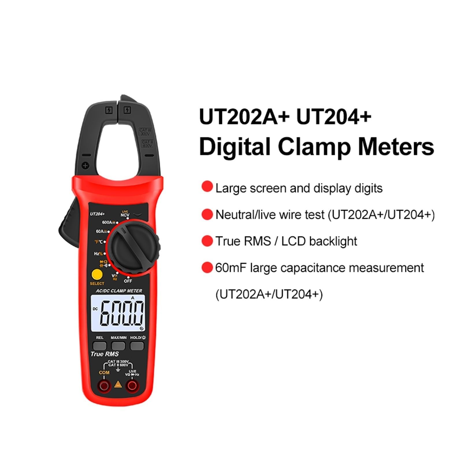 Pinza amperimétrica digital, Pinza Amperimétrica UT202 UT202A UT204 Plus, Voltímetro Digital AC/DC, Amperímetro, Alica, Multímetro Eléctrico Profesional(UT204 PLUS)