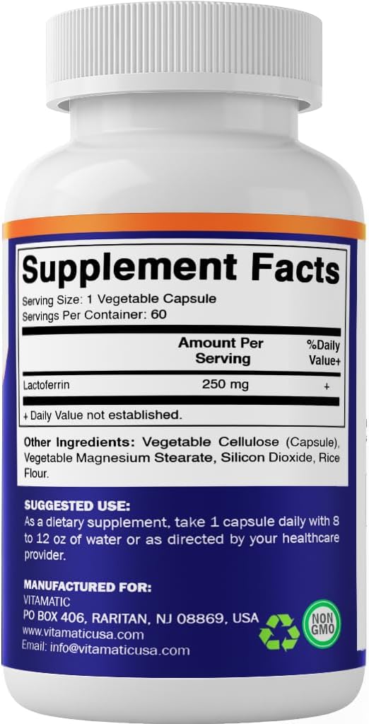 Vitamatic Lactoferrin 250mg – 60 Vegetable Capsules - 2 Pack Promotes Healthy Immune Function*