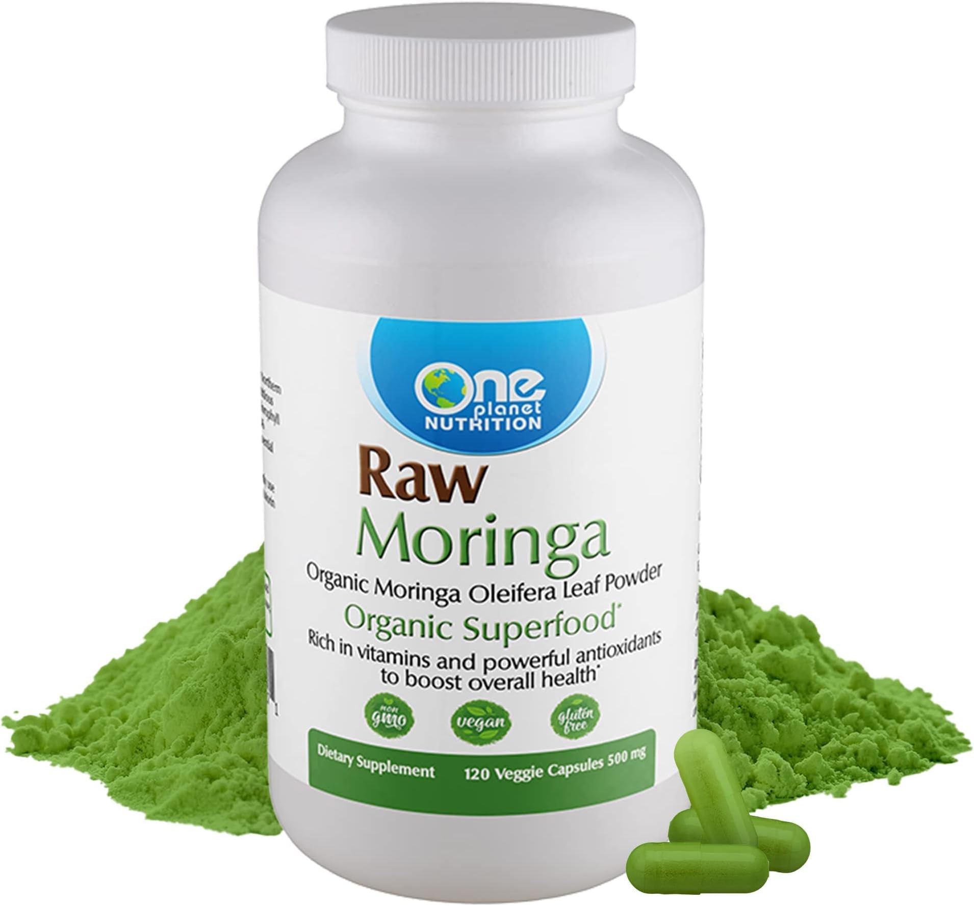 One Planet NutritionPremium Organic Moringa Oleifera Leaf Powder in 120 Capsules. 100% USDA Certified Moringa. All Natural Raw Superfood and Multi-Vitamin. Non GMO, No Gluten. Most Green on Earth
