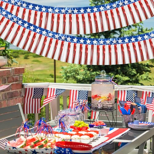 Image of 4th of July Decorations 2 Pack 40Ft Foil Fringe Garland Tinsel Streamers, Red White Blue Hanging Fringe Backdrop Banner Table Skirts for Parade Floats Patriotic Party Decor (Star 2)