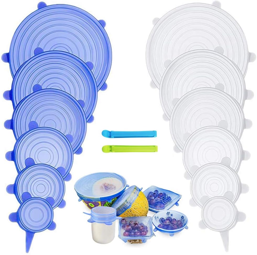 PHYLES 12pcs Stretchy Food Lids, Reusable Silicone Stretch Lids for Food/Bowls/Containers/Jars, Alternative to Cling Film, Non-Toxic, Microwave & Dishwasher Safe, with 2pcs Food Clips
