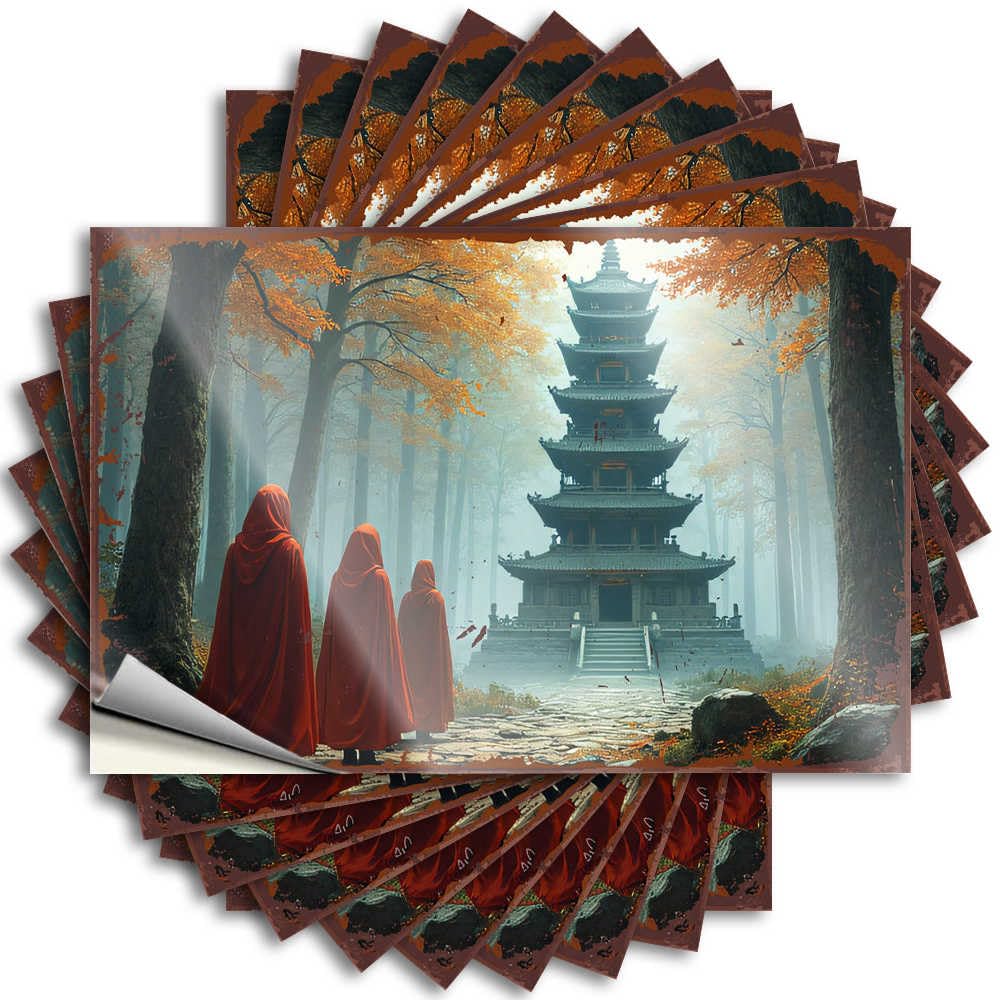Fzfn Men's Colour Kitchen Accessories Decor Funny Sticker Bumper | Red Cloaked Figures In A Mystical Forest Near An Ancient Pagoda Crazy Darts Sticker Pack(6X9cm)