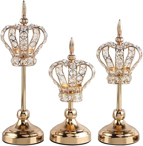 Crown Tealight Portavelas, paquete de 3 portavelas decorativos de lujo con cristales