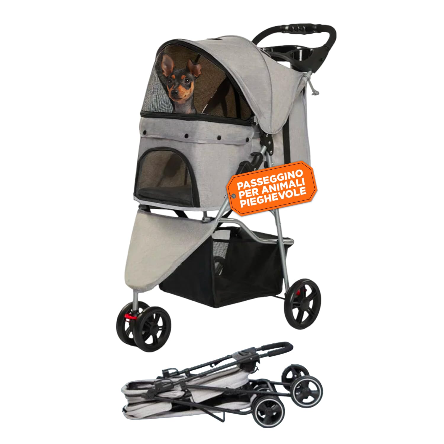 Avilia Passeggino Pieghevole per Cani 15 kg e Gatti con Cabina Panoramica Trasparente, Carrello Grigio in Acciaio e Tessuto Oxford, Portabicchieri e Cestello Portaoggetti, Ruote Scorrevoli