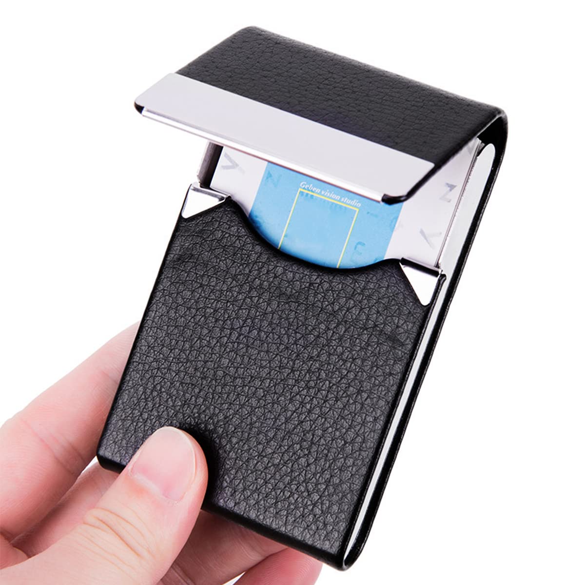 ECVV Business Card Holder Case, PU Leather Name Card Holder with Magnetic Clasp Business Card Organizer Business Card Wallet for Men or Women, Black