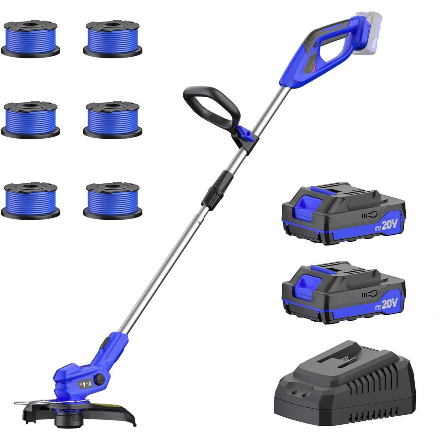 Desbrozadora inalámbrica de 20 V con 2 baterías de 2.0 Ah y cargador rápido, desbrozadora de césped ultraligera (1,9 kg), ancho de corte de 30 cm, 9000 RPM, alimentación automática de línea, incluye 2