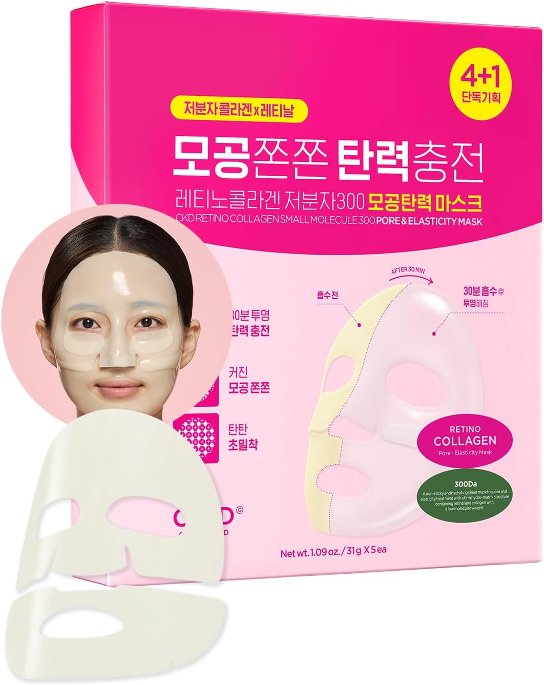 CKD Pore Elasticity Mask with Retino Collagen Small Molecule, Hydrogel Anti-aging Face Sheet Mask Tightens Pores & Sagging Skin, Moisturizing Face Mask to Restore Elasticity & Firmness, 5 Sheets