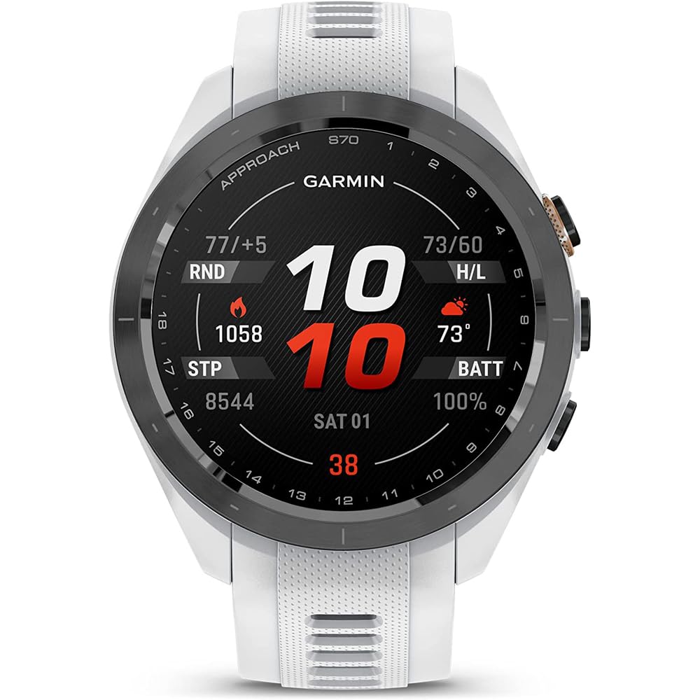 Garmin 010-02746-00 Approach S70 42 mm Premium GPS-Golf-Uhr, weißes Band, offizielles USA-Partnermodell, Paket mit Deco Essentials 2er-Pack Displayschutzfolie, 7-in-1 Golfwerkzeug,