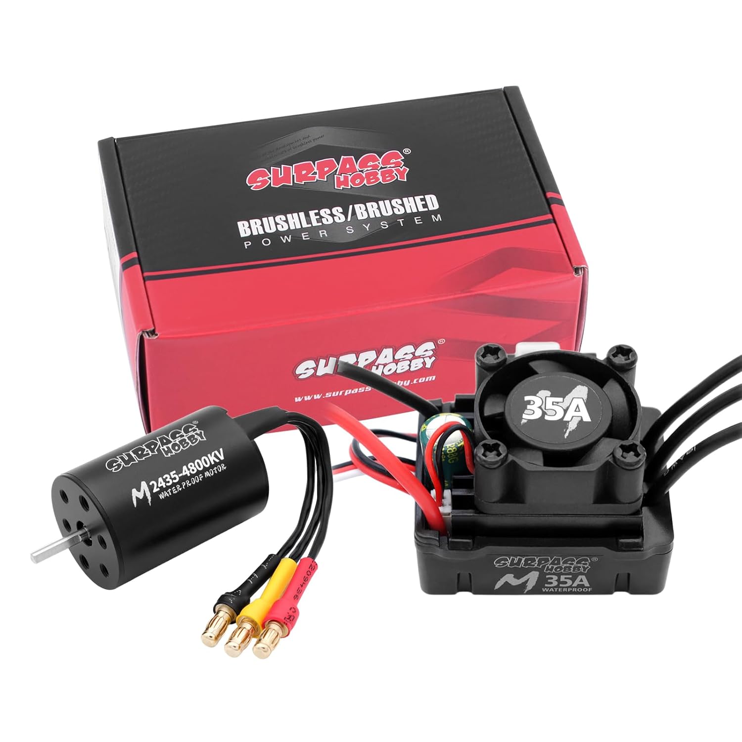 2435 Brushless Motor with 35A Waterproof ESC Combo Sensorless Motor and Electric Speed Controller for 1/14 1/16 1/18 RC Car Trucks (Black) (4800KV)