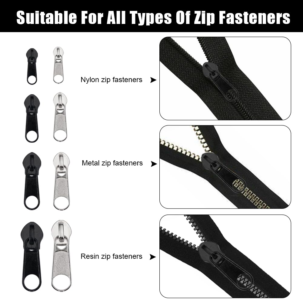 SIOPPKIK Linguette in Metallo per Riparazione Zip, 4 pcs Tiralampo di Sostituzione per Cursore Cerniera Lampo di Giacca, Valigia, Zaino, Jeans, Accessori per Cucito (2 neri, 2 argentati