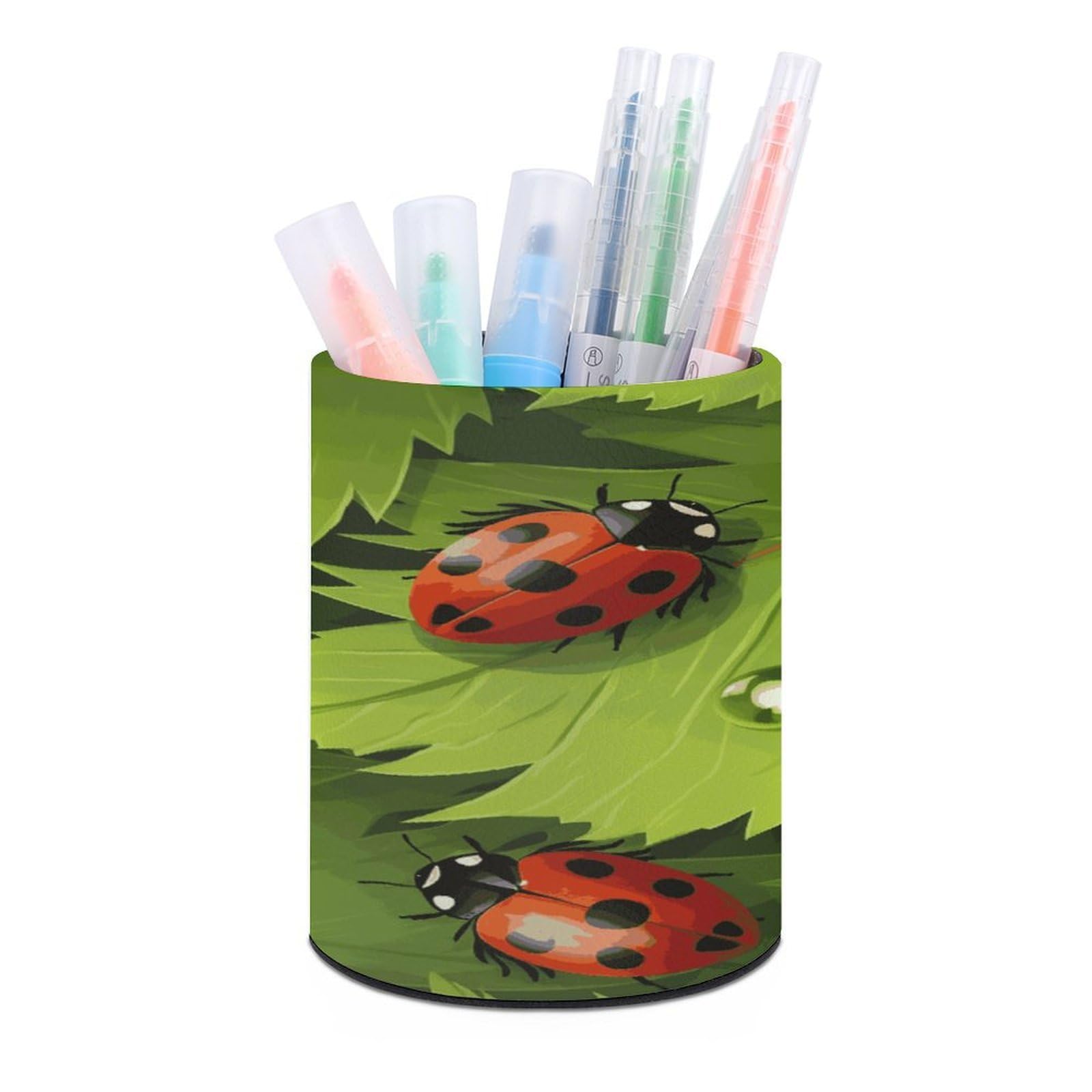 MUSM Leaves And Ladybugs Pen Holder Round PU Leather Pencil Cup Waterproof Pencil Holder for Desk Pen Cup Pen Organizer Pencil Organizer Makeup Brush Holders for Home Office Decor