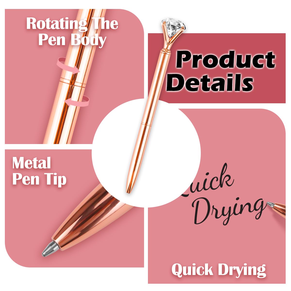 Set Penne A Sfera Oro Rosa Per Donne - 8 Penne Diamante Con Astucci Velluto E Note Adesive