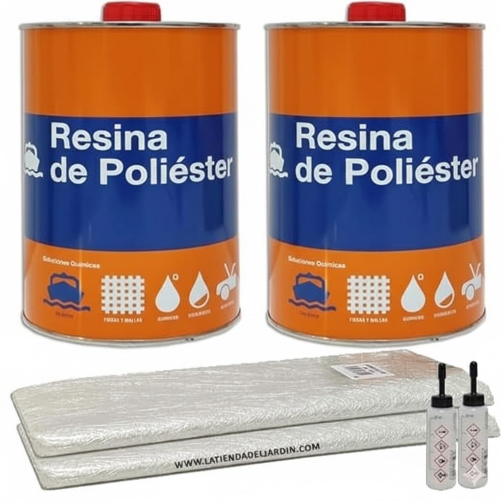 Suinga Kit résine de polyester 2 kg pour réparations + couverture fibre de verre 2m2 Mat-300 + catalyseur au peroxyde. Utile pour réparations de voitures, piscines, réservoirs, nautiques et