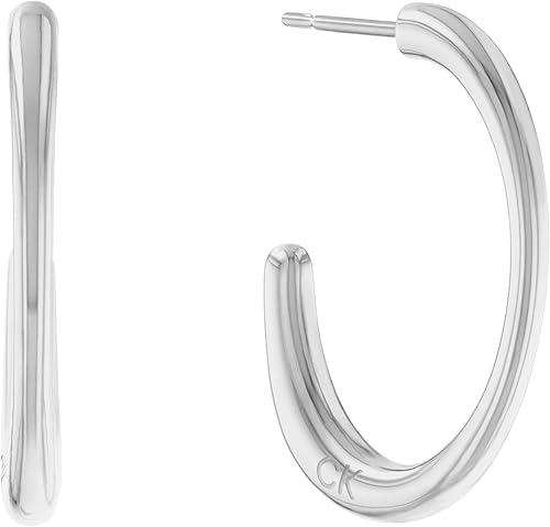 Calvin Klein Pendientes de aro de acero inoxidable para mujer, Color Plata (Modelo 35000346), Acero inoxidable, No es una piedra preciosa
