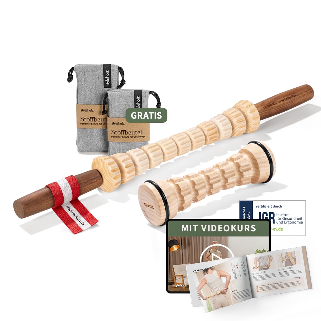 Faszien-Routine STARTER-SET [DAS ORIGINAL aus Österreich] – Abwechslungsreiche Selbstmassage vom Nacken bis zu den Füßen – Faszienstab aus Holz & Fußroller + gratis Übungshandbuch