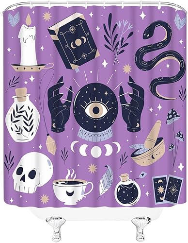 Miniatura 3 de Cortina de ducha de Halloween con diseño de calavera de bruja, mano espeluznante, quiromancia, fase lunar, alquimia gótica, tablero de ouija,