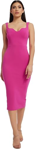 Dress the Population Women's Sloane Rounded V Neck Bodycon MIDI Dress, Bright Fu