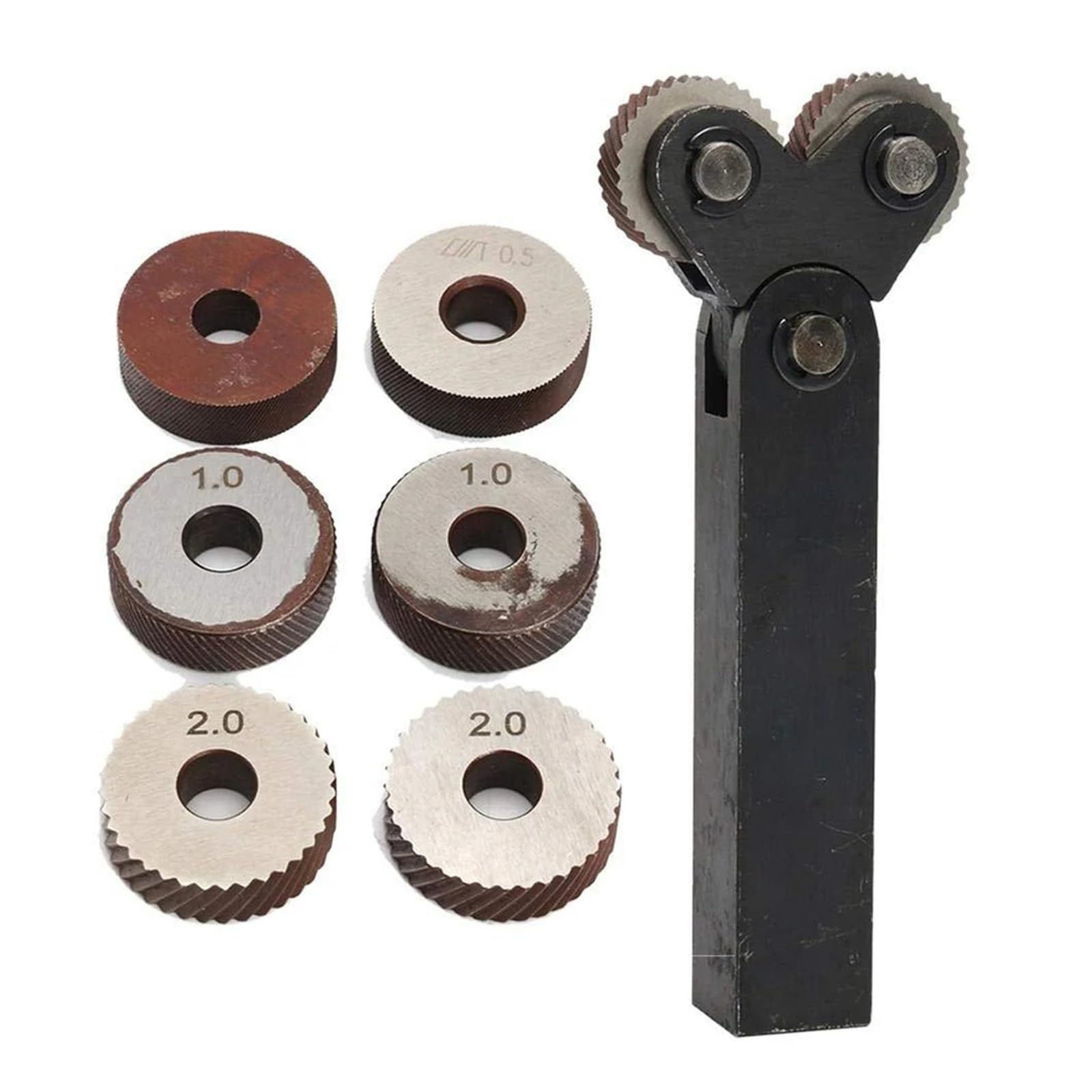 Stahl-Drehwerkzeuge, 7er-Pack Rändelwerkzeug-Set mit Doppelrädern, mit 0,5 mm, 1 mm, 2 mm Rändelrädern, Stahl, 26 mm Durchmesser, 8 mm Dicke
