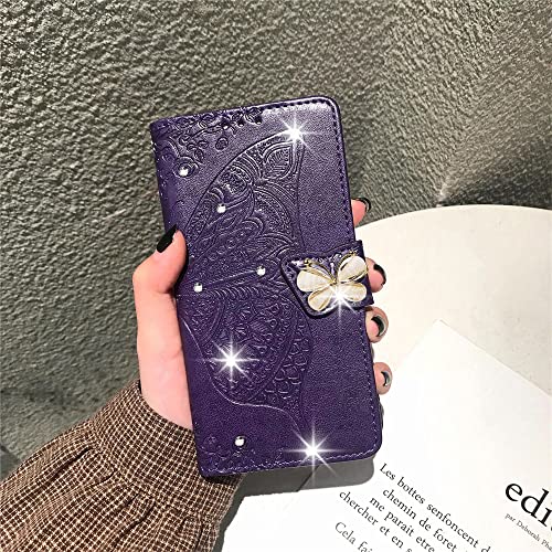 CCSmall for Oppo A17 Wallet Case for Women Girls, Shiny Butterfly Flower PU Leather Cover with Card Slot Holder Flip Phone Case for Oppo A17 Rhinestone Deep Purple