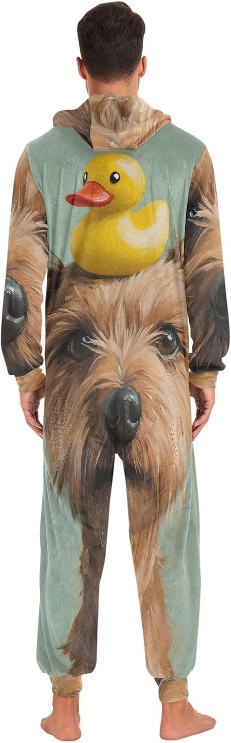 Funny Dog Duck Print Adult Onesie Pajamas, Soft Hooded One Piece Loungewear Sleepwear for Men Women