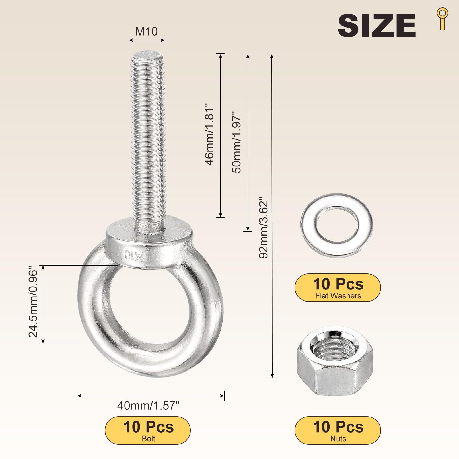 METALLIXITY Shoulder Eye Bolt with Washers & Nuts (M10x50mm) 10Set - Image 2