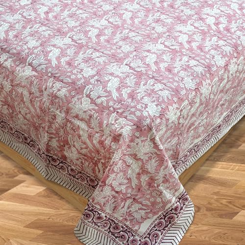 Image of TOAI Hand Block Printed Bedsheet | Bed Spread Flatsheet Bed Sheet | Pure Cotton | Queen Size 90 inchx108 inch | 210 TC Luxury Cotton | 2 Reversible Pillow Covers |Pink Bird Kalamkari