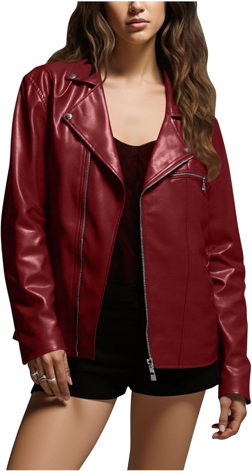 Women's Faux Leather Jackets Oversized Fall Fashion Motorcycle Coats Lapel Zip PU Y2k Stylish Winter Outfits Clothes