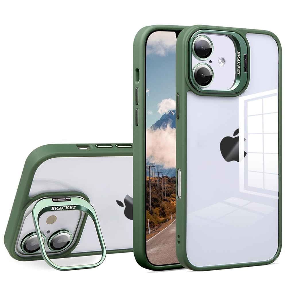 JOOBOY スマホケース 対応 iPhone 16 ケース クリア 透明 レンズスタンド付き スタンド機能 レンズカバー付き PC背面+TPUバンパー おしゃれ 耐衝撃 ストラップホール付き アイフォン16 携帯電話ケース (グリーン, 16)