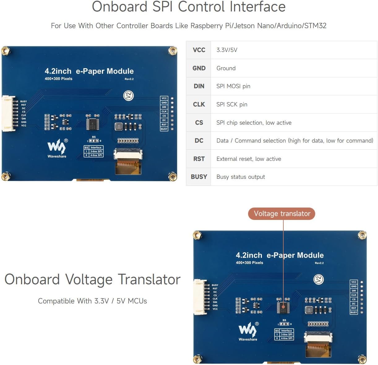 Waveshare 4.2inch E-Ink Display Module Compatible with Raspberry Pi 5/4B/3B/Zero/Zero W/Zero 2W/Pico/Pico W/Pico WH, 400x300 Resolution SPI Interface